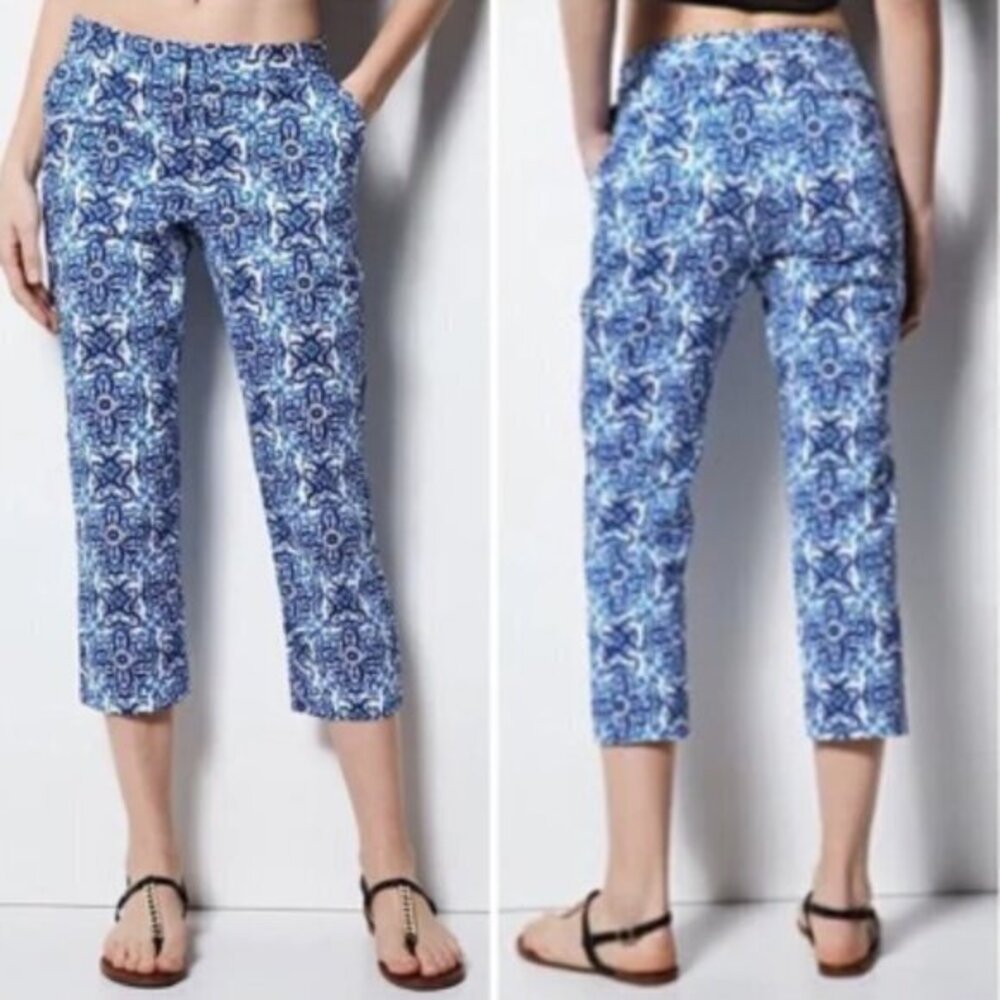 Milly for DesigNation Italia Blue & White Tile Print Capri Pants Size 10
